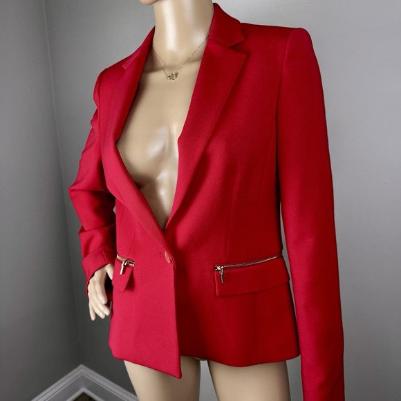 Anne Klein Blazer Red Women's Size 4 Gold Zip Single Button Jacket - Picture 4 of 16